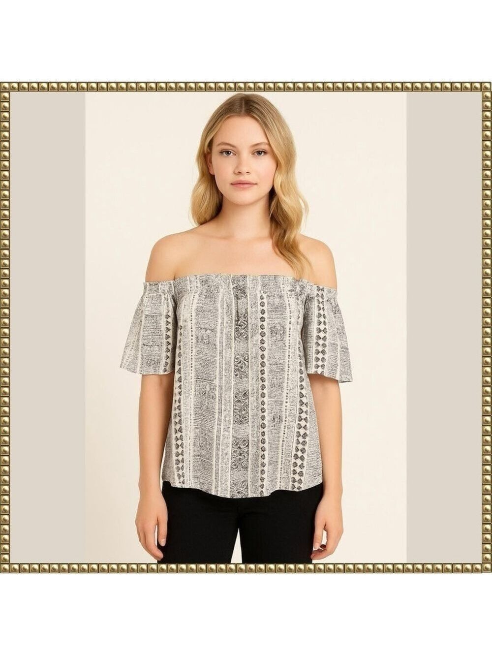Elan Cream Gray Geometric Off Shoulder Top Large
